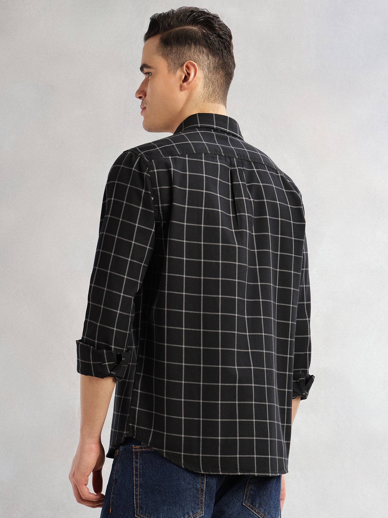 Thomas Scott Men Black Slim Fit Long Sleeves Spread Collar Windowpane Check 100% Cotton Twill Casual Shirt