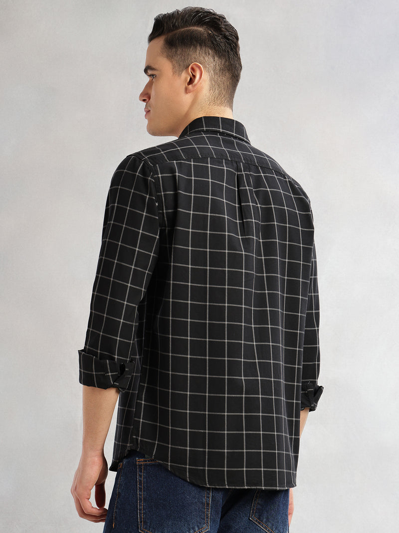 Thomas Scott Men Black Slim Fit Long Sleeves Spread Collar Windowpane Check 100% Cotton Twill Casual Shirt