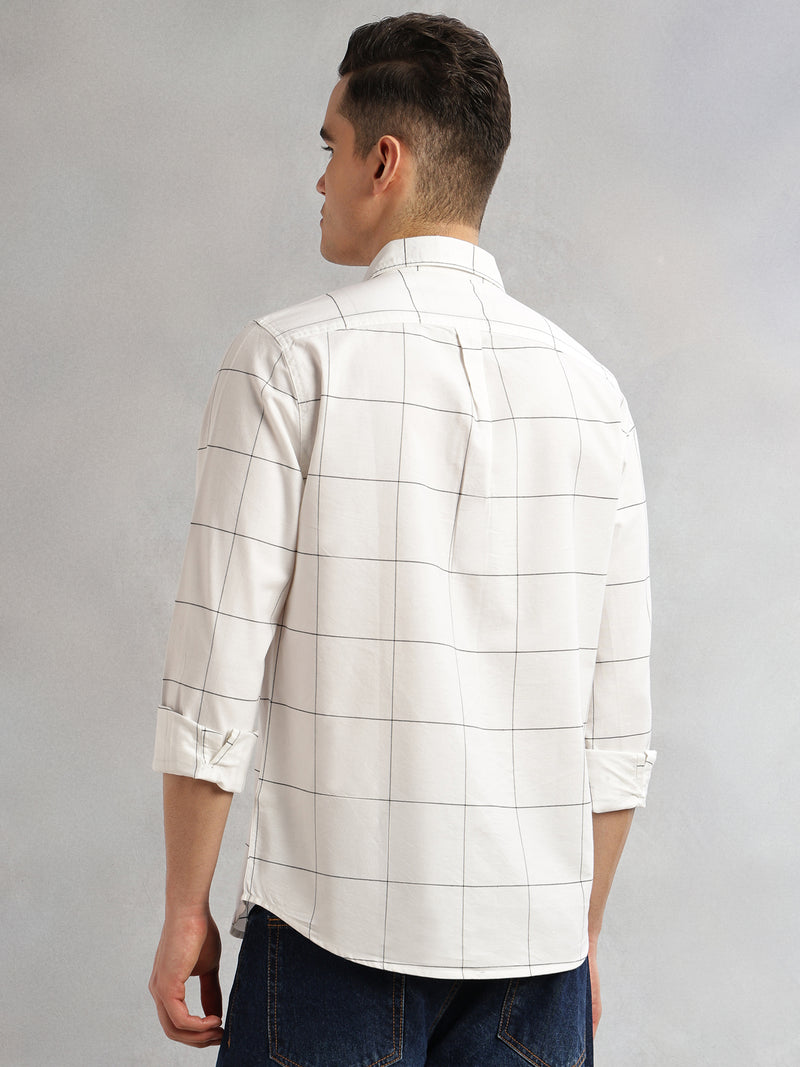 Thomas Scott Men White Slim Fit Long Sleeves Spread Collar Windowpane Check 100% Cotton Twill Casual Shirt