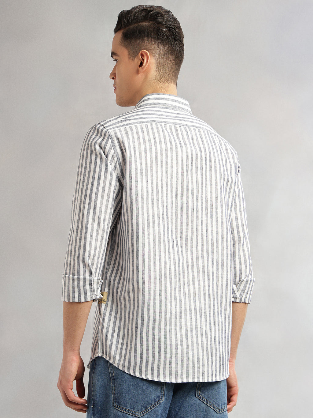Thomas Scott Men Navy Slim Fit Long Sleeves Spread Collar Vertical Stripes Cotton Linen Casual Shirt