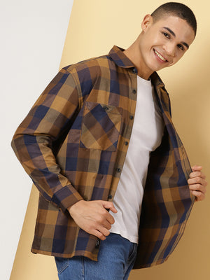 Thomas Scott Men Brown Oversized Long Sleeves Spread Collar Buffalo Checks Flannel Casual Shirt