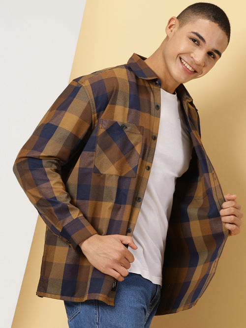 Thomas Scott Men Brown Oversized Long Sleeves Spread Collar Buffalo Checks Flannel Casual Shirt