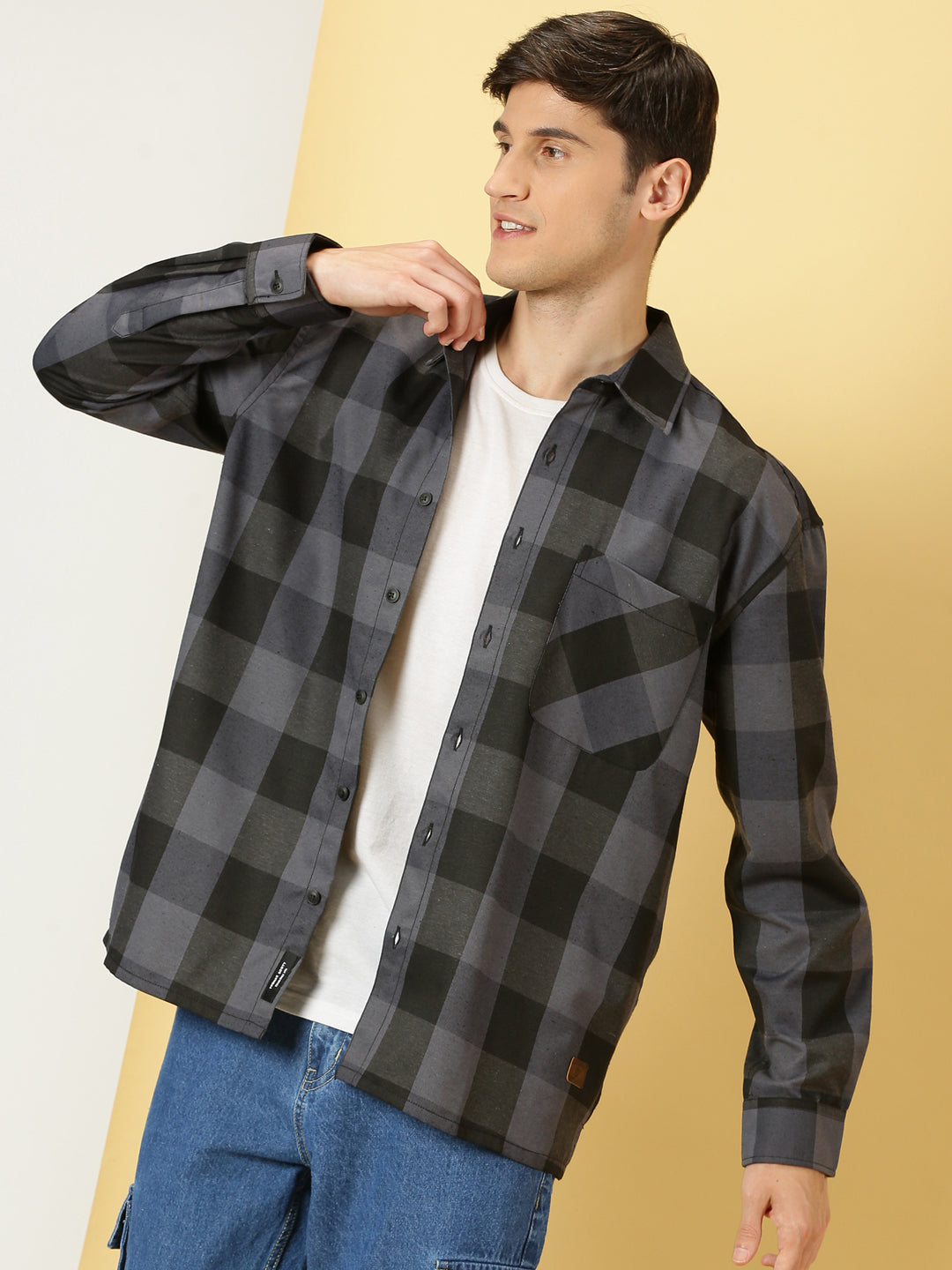 Thomas Scott Men Grey Oversized Long Sleeves Spread Collar Buffalo Checks Knitted Casual Shacket