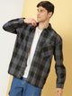 Thomas Scott Men Grey Oversized Long Sleeves Spread Collar Buffalo Checks Knitted Casual Shacket