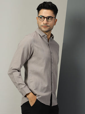 Thomas Scott Men Grey Regular Fit Long Sleeves Spread Collar Solid Cotton Linen Casual Shirt