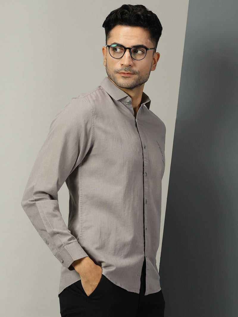 Thomas Scott Men Grey Regular Fit Long Sleeves Spread Collar Solid Cotton Linen Casual Shirt