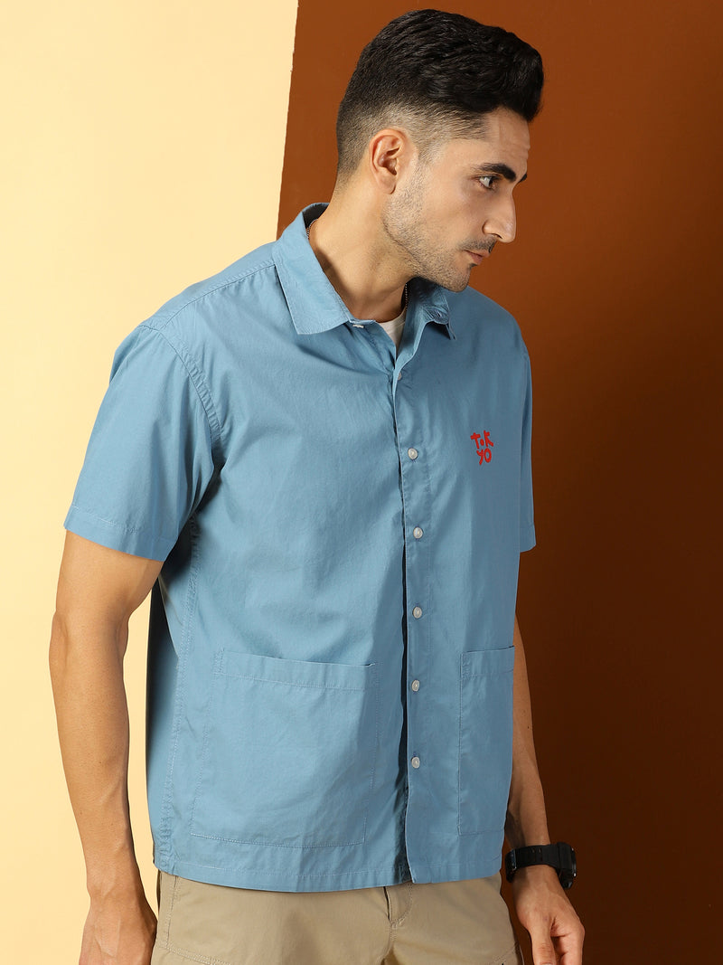 Thomas Scott Men Blue Short Sleeves Boxy Fit Spread Collar Solid 100% Cotton Casual Shirt