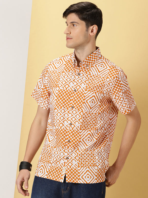 Thomas Scott Men Orange Slim Fit Short Sleeves Button-Down Collar Geometric Printed 100% Cotton Casual Shirt