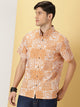 Thomas Scott Men Orange Slim Fit Short Sleeves Button-Down Collar Geometric Printed 100% Cotton Casual Shirt