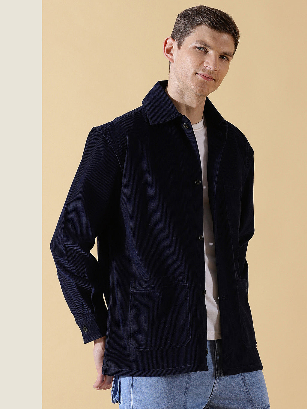 Thomas Scott Men Navy Long Sleeves Regular Fit Spread Collar 100% Cotton Knitted Corduroy Shirt