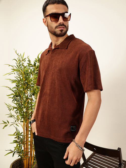 Thomas Scott Men Coffee Brown Towel Terry Short Sleeves Relaxed Fit Textured Polo Collar Knitted T-shirt