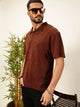 Thomas Scott Men Coffee Brown Towel Terry Short Sleeves Relaxed Fit Textured Polo Collar Knitted T-shirt