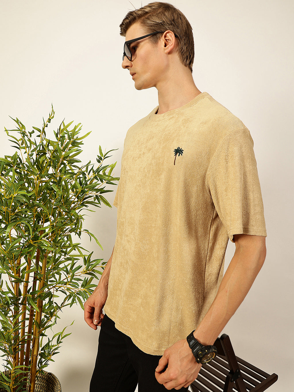 Thomas Scott Men Cream Oversized Short Sleeves Round Neck Solid Knitted T-shirt