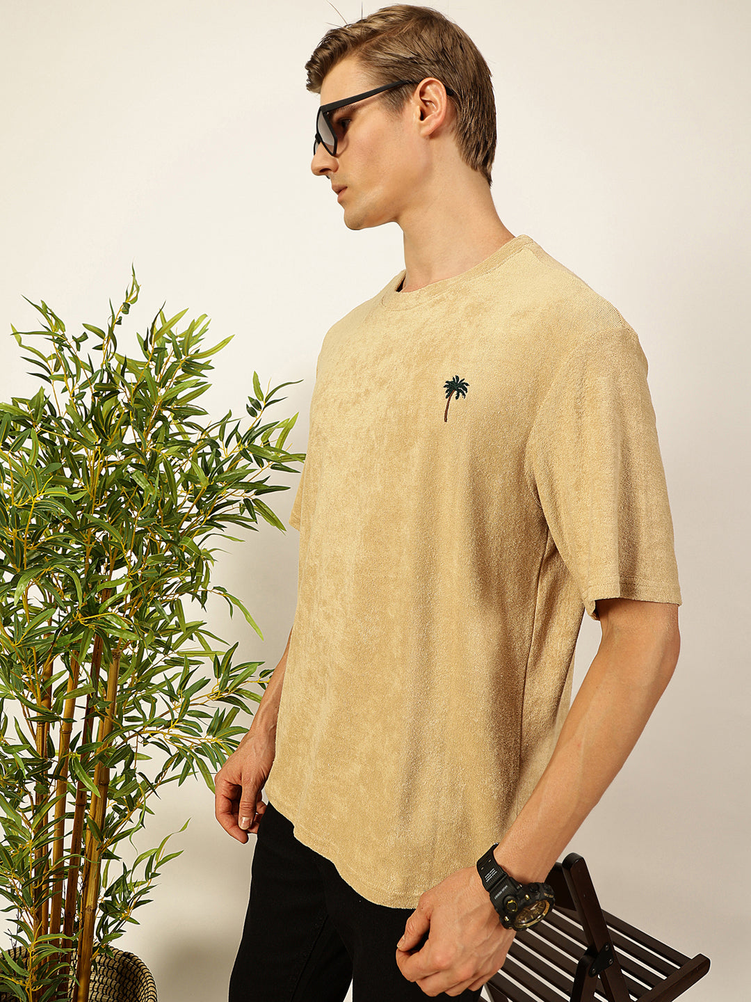 Thomas Scott Men Cream Oversized Short Sleeves Round Neck Solid Knitted T-shirt