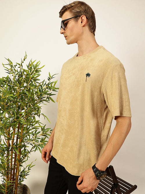 Thomas Scott Men Cream Oversized Short Sleeves Round Neck Solid Knitted T-shirt