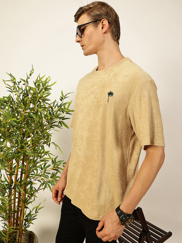 Cream Oversized Short Sleeves Round Neck Solid Knitted Tshirt For Men
