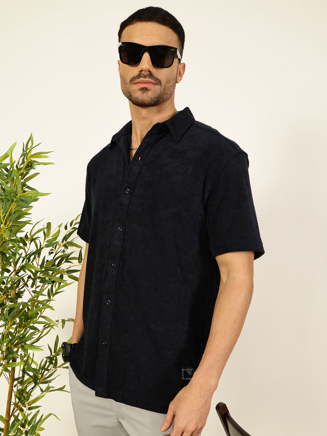 Thomas Scott Men Navy Blue Relaxed Fit Terry Towel Short Sleeves Relaxed Fit Spread Collar Knitted Shirt