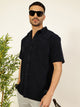 Thomas Scott Men Navy Blue Relaxed Fit Terry Towel Short Sleeves Relaxed Fit Spread Collar Knitted Shirt