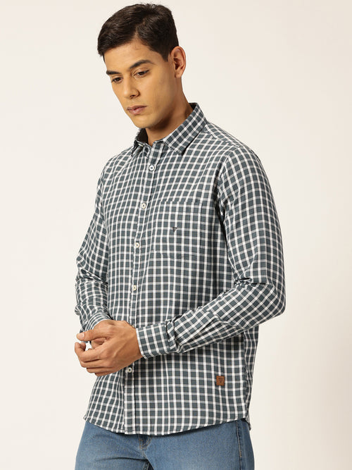 Thomas Scott Men Grey Slim Fit Long Sleeves Gingham Checks Spread Collar 100% Cotton Oxford Casual Shirt