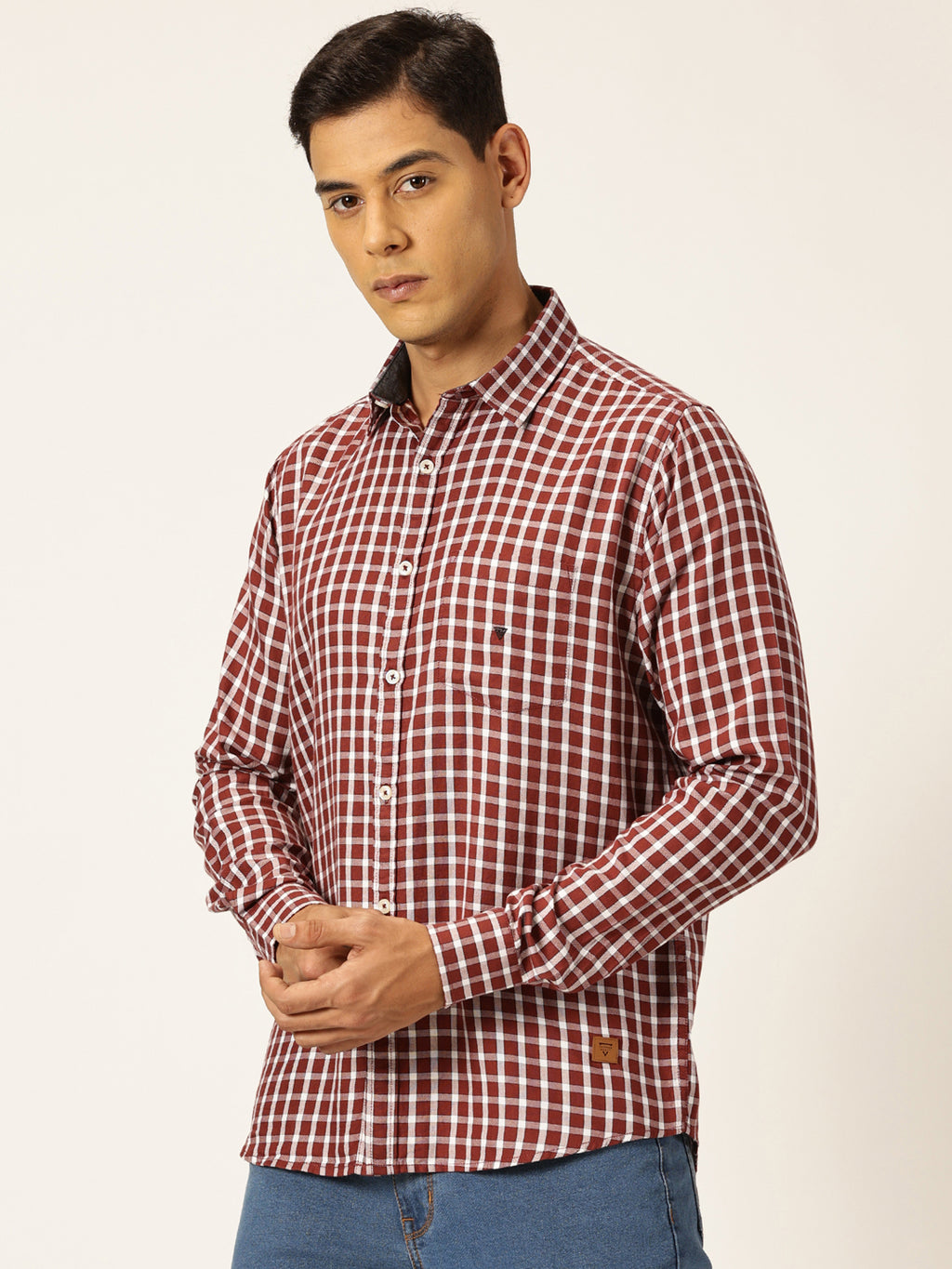 Thomas Scott Men Red Slim Fit Long Sleeves Spread Collar Gingham Checked 100% Cotton Oxford Casual Shirt