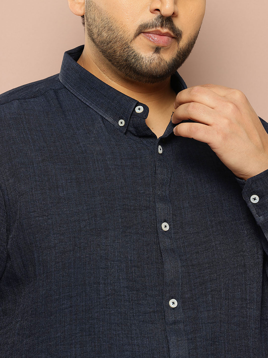 Thomas Scott Men Navy Plus Size Regular Fit Long Roll-Up Sleeves Button-Down Collar Solid Casual Shirt