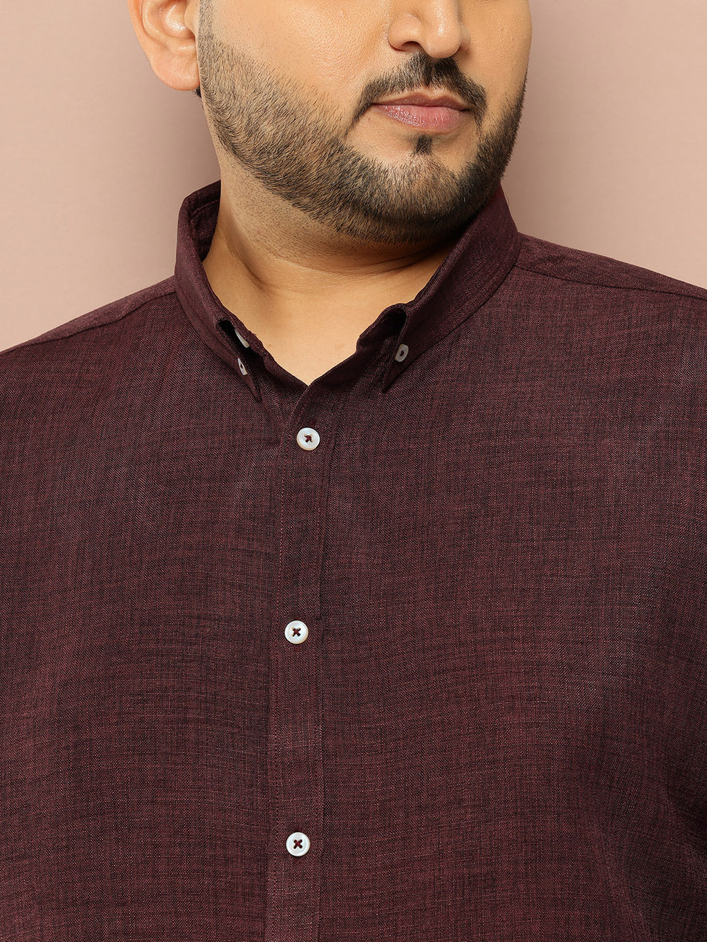 Thomas Scott Men Wine Plus Size Regular Fit Long Roll-Up Sleeves Button-Down Collar Solid Casual Shirt