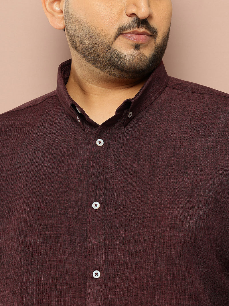 Thomas Scott Men Wine Plus Size Regular Fit Long Roll-Up Sleeves Button-Down Collar Solid Casual Shirt