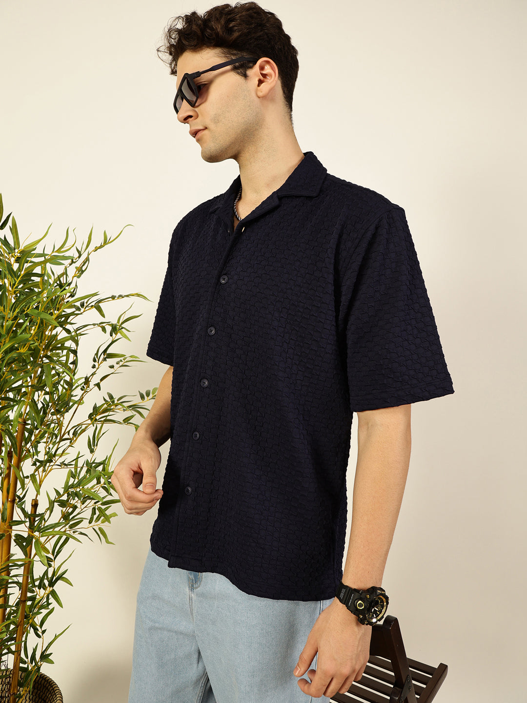 Thomas Scott Men Navy Relaxed Fit Short Sleeves Cuban Collar Textured Cotton Casual Shirt