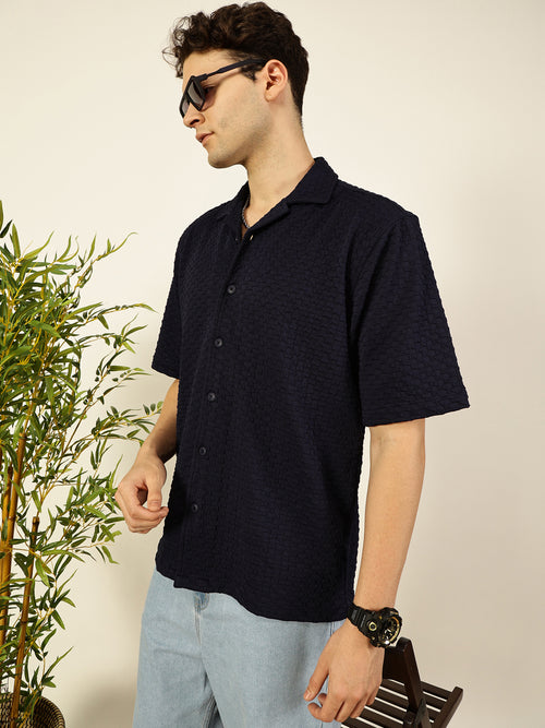 Thomas Scott Men Navy Relaxed Fit Short Sleeves Cuban Collar Textured Cotton Casual Shirt