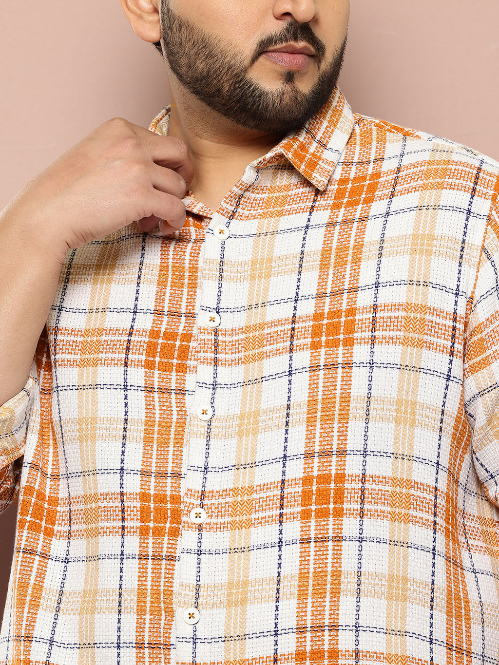 Thomas Scott Men Orange Plus Size Regular Fit Long Sleeves Spread Collar Multi Stripes 100% Cotton Casual Shirt