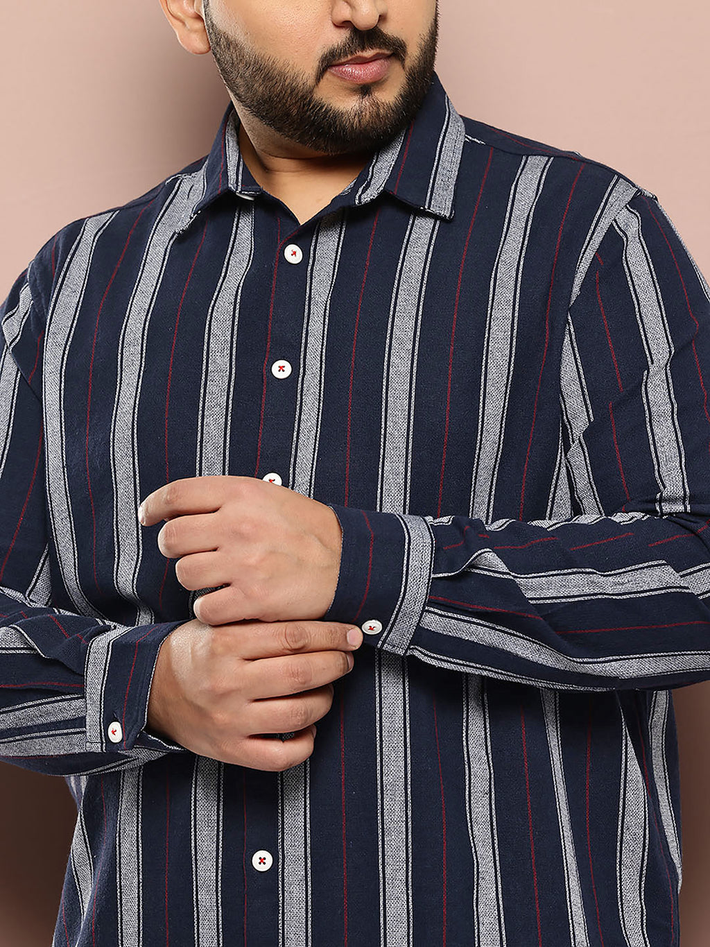 Thomas Scott Men Navy Plus Size Regular Fit Long Sleeves Spread Collar Verticle Stripes 100% Cotton Casual Shirt