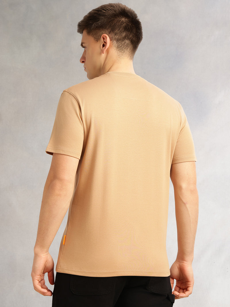 Thomas Scott Men Beige Cricket Club Collection Regular Fit Short Sleeves Round Neck Solid 100% Cotton Knitted Tshirt