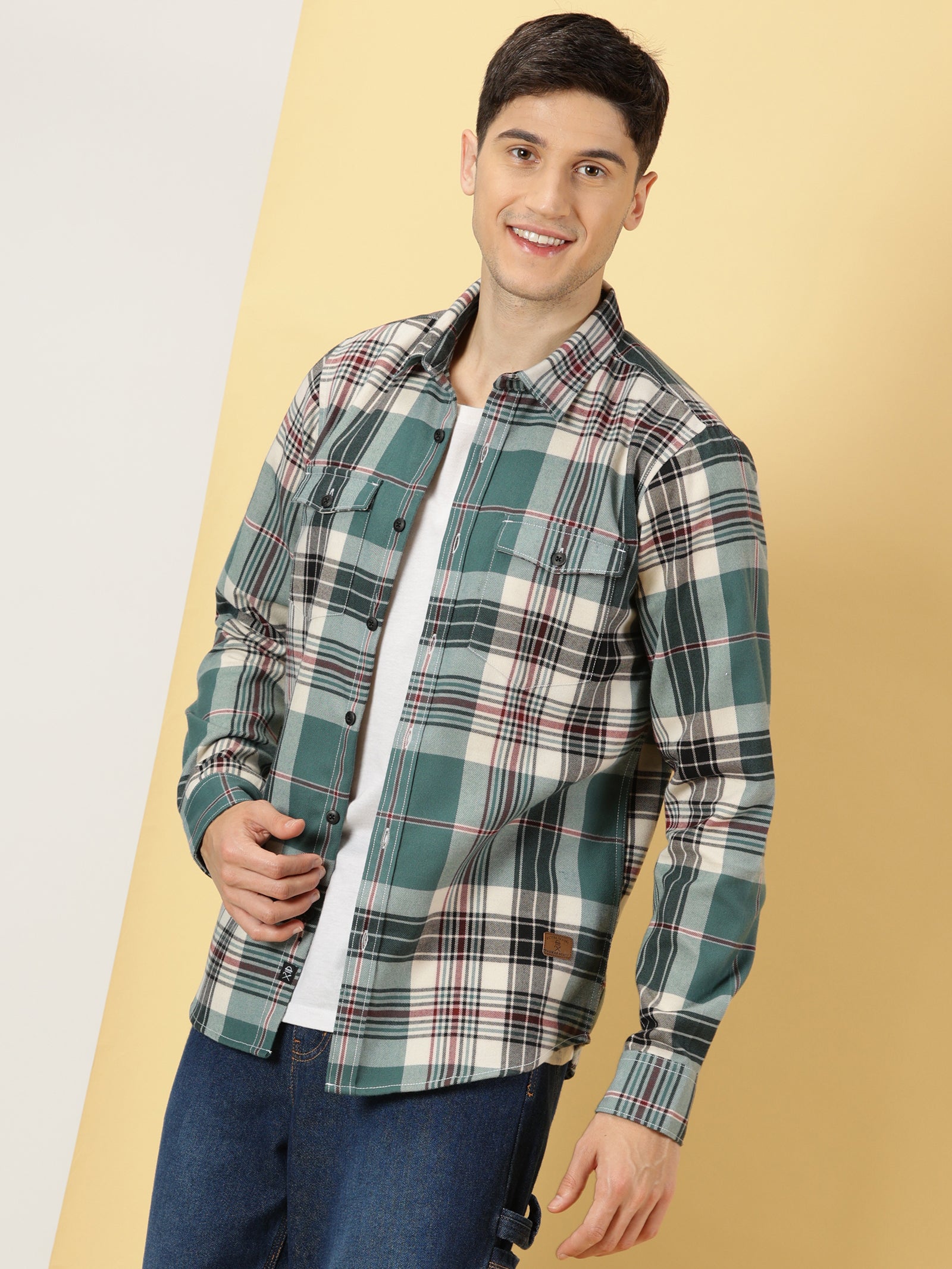 Thomas Scott Men Green Regular Fit Long Sleeves Spread Collar Tartan Checks Double Pocket Knitted Casual Shirt
