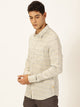 Thomas Scott Men Beige Long Sleeves Slim Fit Spread Collar Horizontal Stripes Linen Casual Shirt