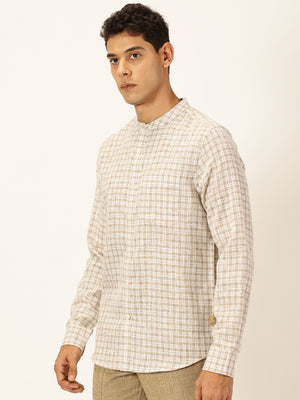 Thomas Scott Men Beige Long Sleeves Slim Fit Mandarin Collar Grid Tattersall Checks Linen Casual Shirt