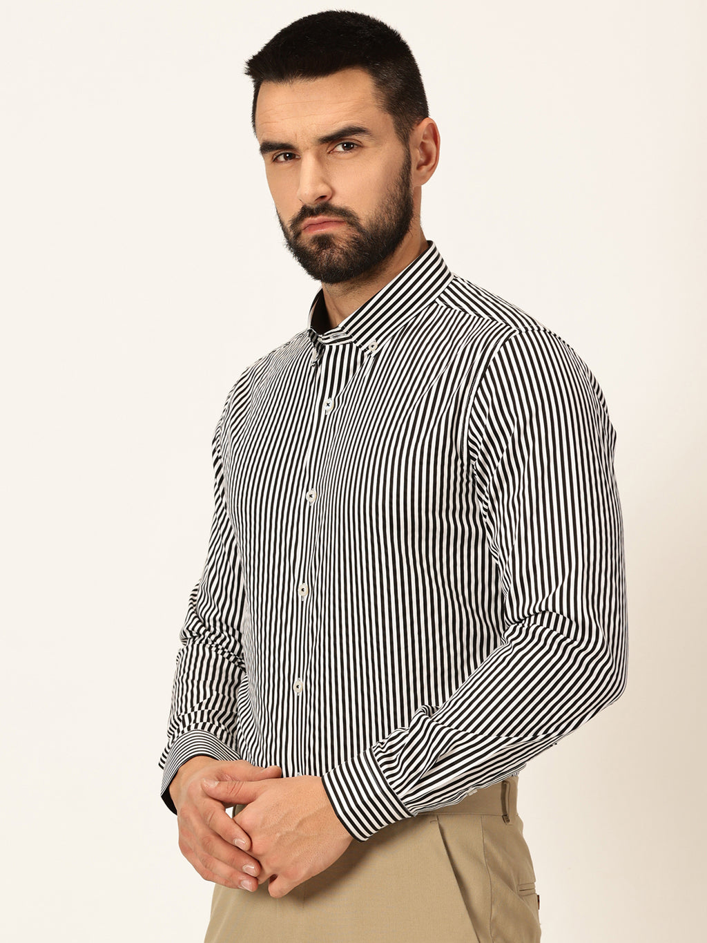 Thomas Scott Men Black Long Sleeves Regular Fit Button-Down Collar Vertical Stripes 100% Cotton Formal Shirt