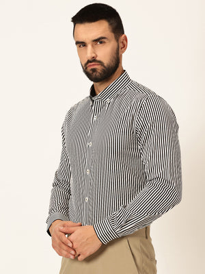Thomas Scott Men Black Long Sleeves Regular Fit Button-Down Collar Vertical Stripes 100% Cotton Formal Shirt