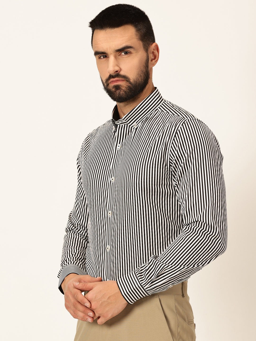 Thomas Scott Men Black Long Sleeves Regular Fit Button-Down Collar Vertical Stripes 100% Cotton Formal Shirt
