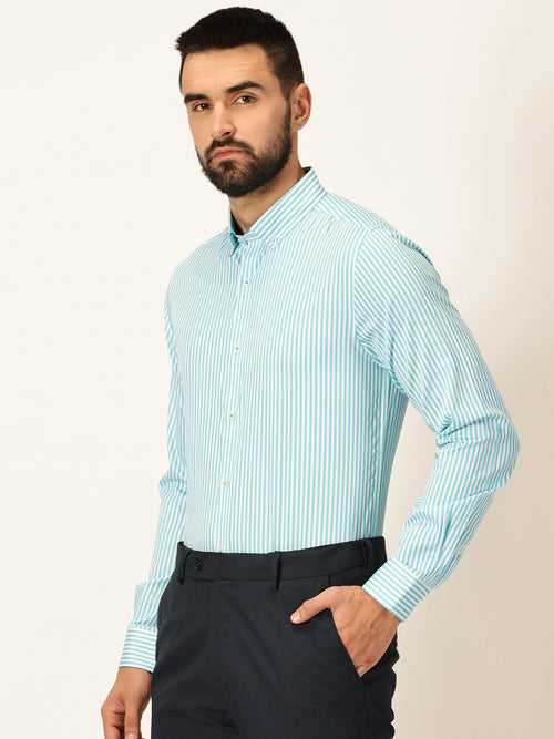 Thomas Scott Men Aqua Regular Fit Long Sleeves Button-Down Collar Pinstripes Cotton Formal Shirt