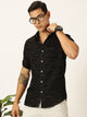 Black Slim Fit Short Sleeves Spread Collar Textured Casual Shirt For Men