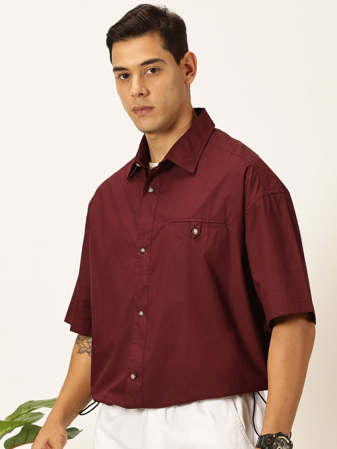 Thomas Scott Men Wine Oversized Short Sleeves Spread Collar Solid 100% Cotton Casual Shirt