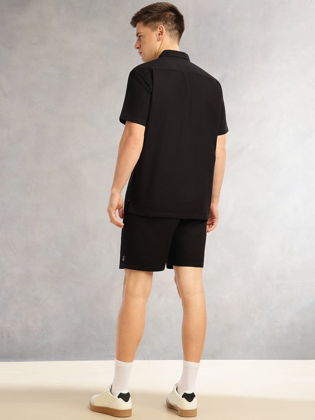 Thomas Scott Men Black Cricket Club Collection Regular Fit Short Sleeves Self Design 100% Cotton Co-Ord Set with Shirt Collar