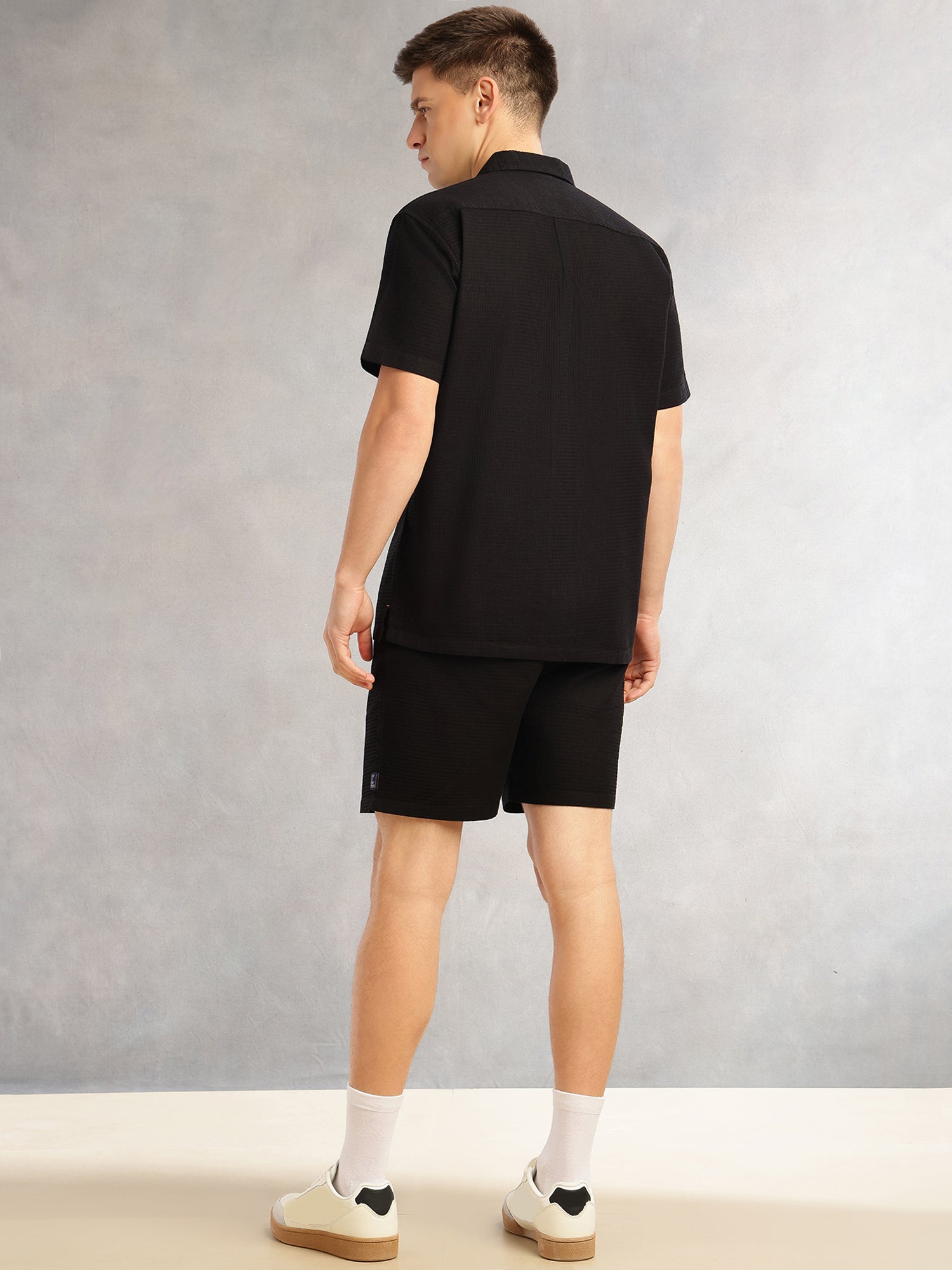 Thomas Scott Men Black Cricket Club Collection Regular Fit Short Sleeves Self Design 100% Cotton Co-Ord Set with Shirt Collar