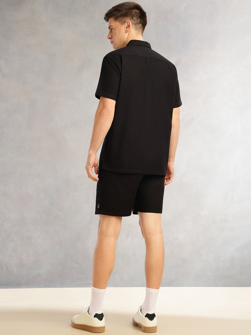 Thomas Scott Men Black Cricket Club Collection Regular Fit Short Sleeves Self Design 100% Cotton Co-Ord Set with Shirt Collar