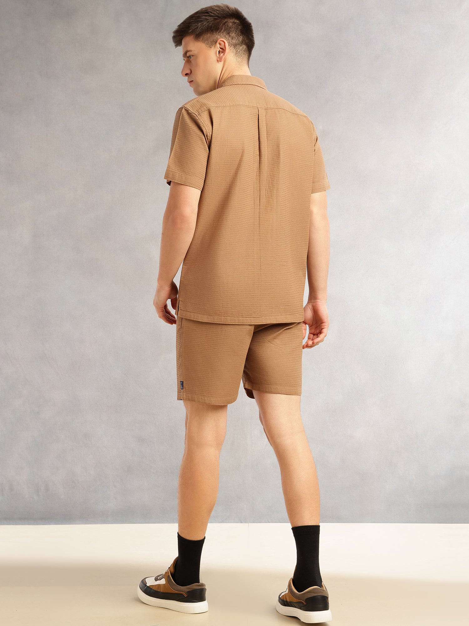 Thomas Scott Men Brown Cricket Club Collection Regular Fit Short Sleeves Self Design 100% Cotton Co-Ord Set with Shirt Collar