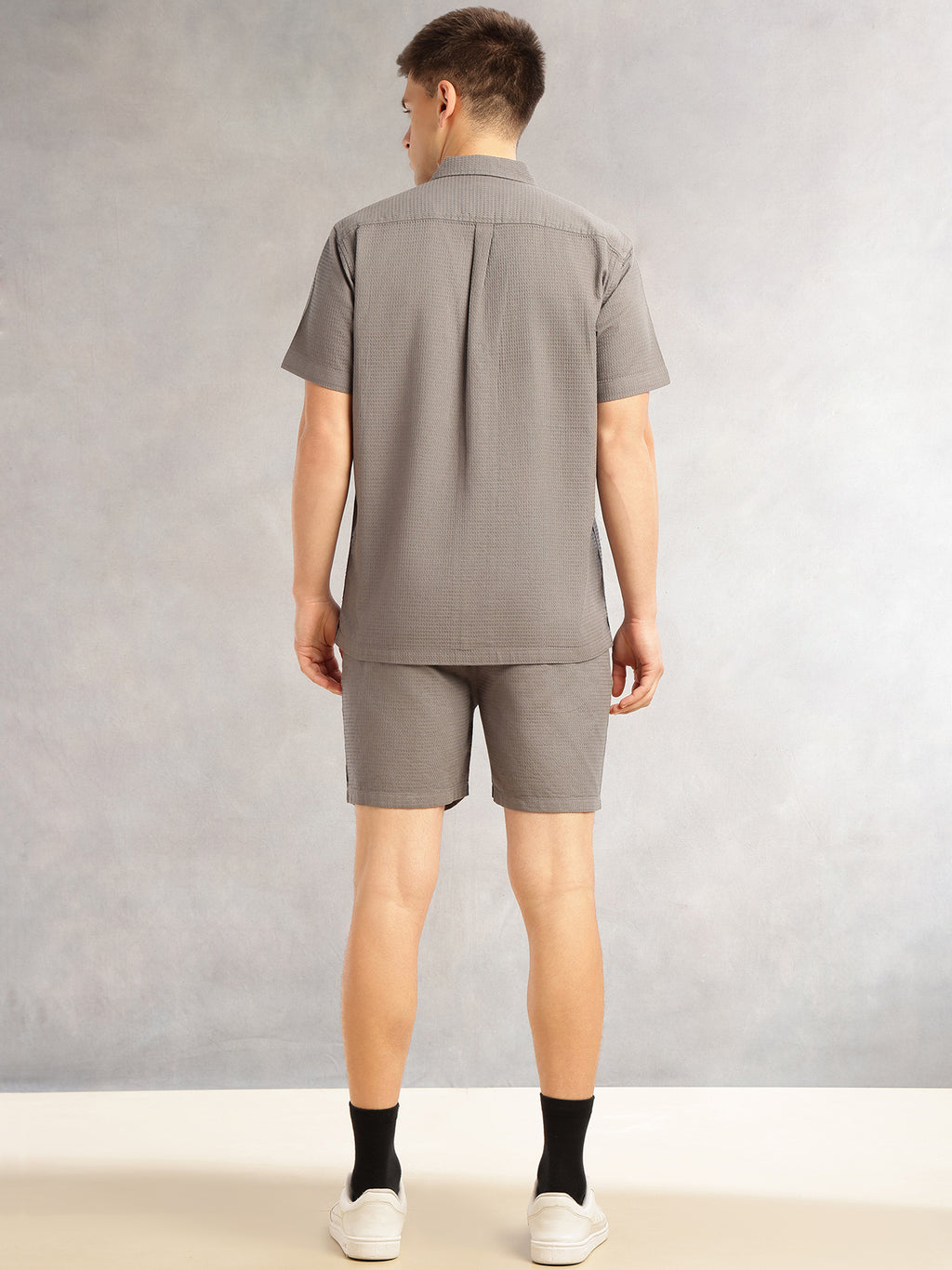 Thomas Scott Men Grey Cricket Club Collection Regular Fit Short Sleeves Self Design 100% Cotton Co-Ord Set with Shirt Collar