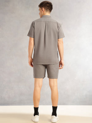 Thomas Scott Men Grey Cricket Club Collection Regular Fit Short Sleeves Self Design 100% Cotton Co-Ord Set with Shirt Collar