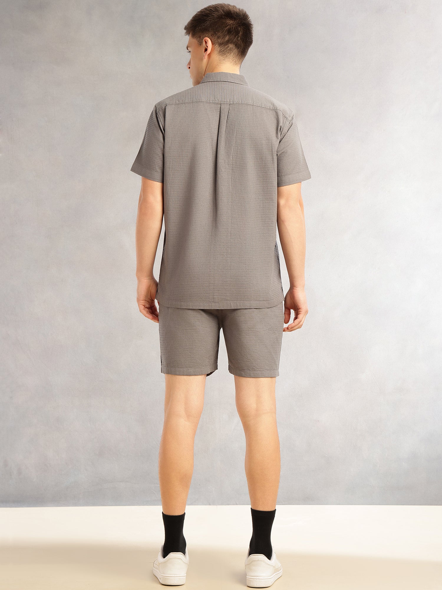 Thomas Scott Men Grey Cricket Club Collection Regular Fit Short Sleeves Self Design 100% Cotton Co-Ord Set with Shirt Collar