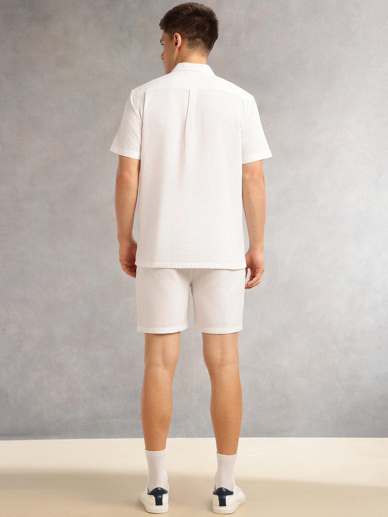 Thomas Scott Men White Cricket Club Collection Regular Fit Short Sleeves Self Design 100% Cotton Co-Ord Set with Shirt Collar