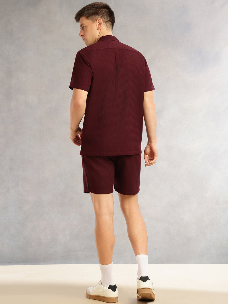 Thomas Scott Men Wine Cricket Club Collection Regular Fit Short Sleeves Self Design 100% Cotton Co-Ord Set with Shirt Collar